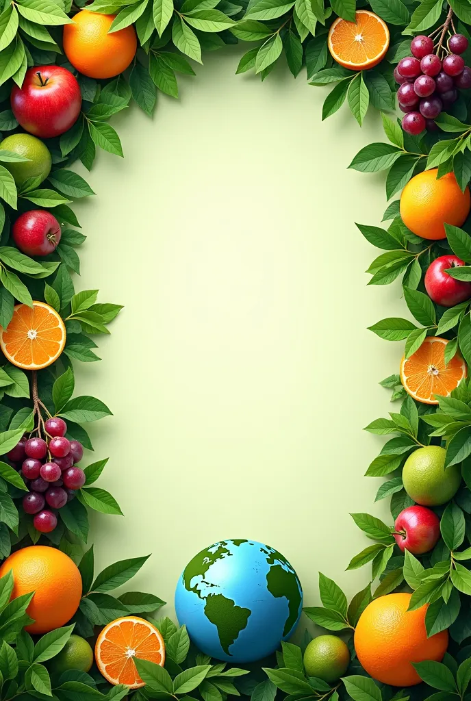 Create a poster that uses thing that have to do with „living green“ as a frame of the poster and keep the middle empty so I can add text. Add fruits and a small earth on the green frame 