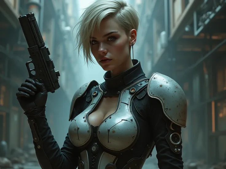 warhammer 40k, portrait of cyberware girl with pistol, short hair, light armor