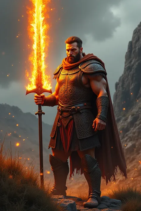 Celtic warrior with sword shrouded in fire