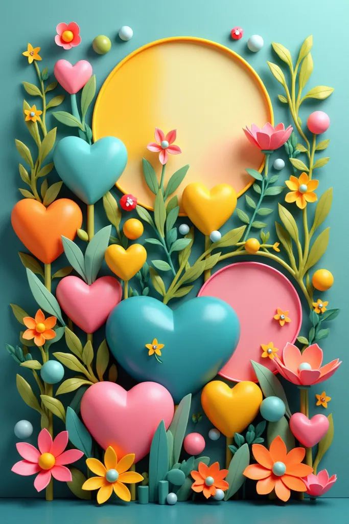 illustration is enriched by a variety of shapes,  including hearts ,  stars and flowers , that add depth and dimension to art. The background is subtle and discreet, allowing the turquoise colors, yellow, green and pink stand out. Expertly combining photog...