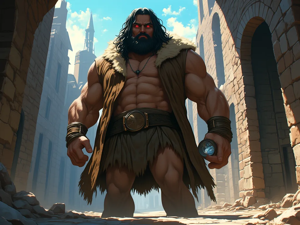 Create an anime image of a half-giant man with grayish-brown skin, very tall, very strong, very muscular, broad shoulders, no beard, long straight wavy black hair, a square jaw, and red eyes, he is wearing a large fur loincloth, with a brown detective over...