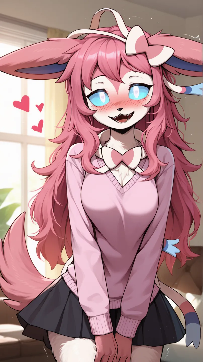 i love you, 1girl, anthro, furry, fur, fluffy fur, fluffy big fluffy pink tail, sylveon girl, pink hair, medium/long hair, soft/messy hair, (19 years), white eyes, blue sclera, glowing eyes, crazy eyes, twitching, medium breast, thicc thighs, lots of heart...