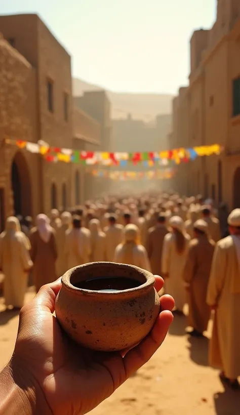 A hand holds a rustic earthenware cup filled with dark liquid in the foreground. In the background, a vibrant celebration scene in an ancient Middle Eastern city. People dressed in beige and gold tunics are gathered on a dirt street, participating in a cer...