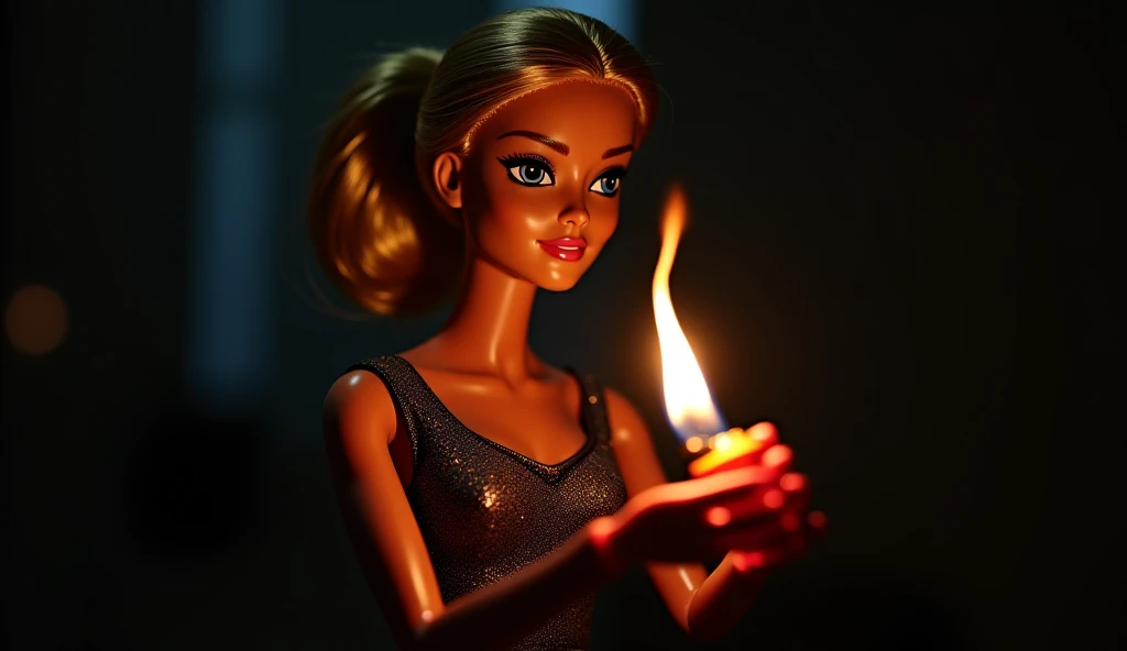 Barbie is holding a burning lighter