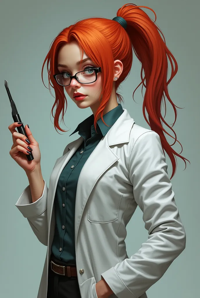 Paranormal Order RPG character, full body, feminine, of lab coat, glasses, dark red orange hair , with a surgical scalpel in the hand, hair tied with loose locks in the front and a bit messy, crazy face