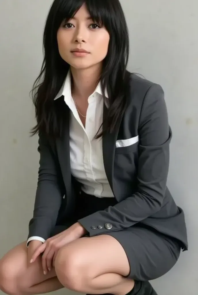 Highest quality, Sleek long black hair , Office Lady with Long Dark Hair, dynamic squat pose, detailed eye and skin texture, STUDIO LIGHTING, 30 years old,  dark eyes, Elegant, Medium Breast,  plump lips, earrings, necklaces, Charcoal Tight Suit , white bl...