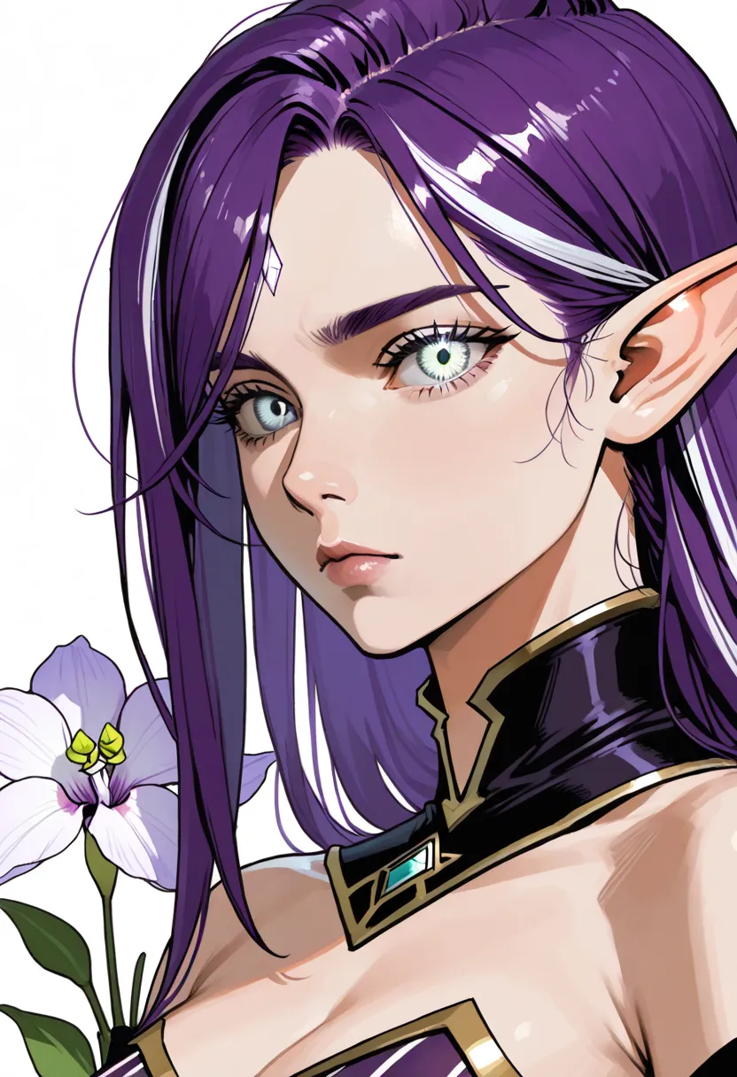 white background, perfect eyes, Velvet, Arcane Sorceress, Orchid, Moonlit Silver Streaks hair, Mystic Silver eyes, High Elf, Moonflower woman