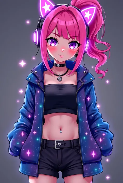 A girl in a galaxy mesh jacket with stars and a black tube top and black shorts with neon pink hair with a messy high ponytail with star hair clips with a belly and nose piercing with cat ears light up headphones 