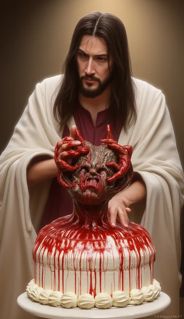 "A hyperrealistic image of Jesus Christ wearing a white and red tunic, holding the head of a demon with horns on a cake decorated with whipped cream and red syrup. The demon's head seems to be bleeding while being held, while Jesus maintains a calm and det...