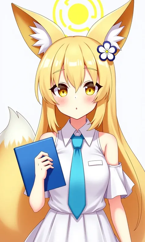 1 girl, ( blue file :1.1), 
until, 
animal ears, Alone ,  by the blond hair, halo, long hair, Looking at the spectator, fox ears, animal ear fluff, dress, tie, white dress, forehead, mouth shut, hair ornament, yellow halo , upper body, hair flower, Yellow ...