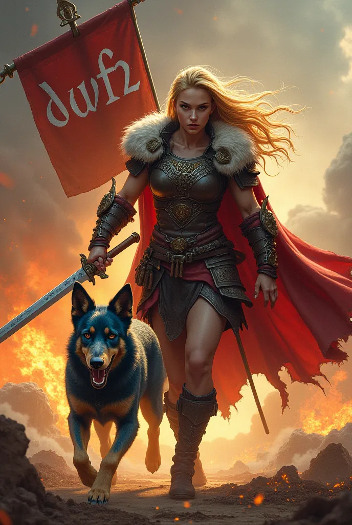 Blonde viking female warrior holding a sword in one hand and a banner reading "DVF2" in the other going into battle with her bue heeler dog with flames in the background