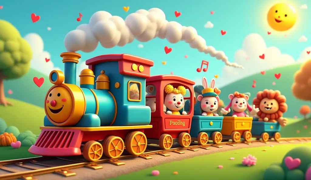 "A cheerful and colorful train with a big smiling face, puffing heart-shaped smoke and musical notes from its chimney. Each train car has a special theme: one is the 'Laughing Car' with playful clowns doing silly tricks, another is the 'Dancing Car' with a...