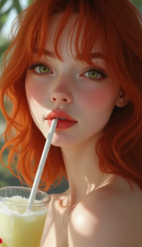 beautiful redheaded woman, Realistic, With a lot of details on the face with eyes the color of mine, shoulder-length hair. Sucking a coconut water straw