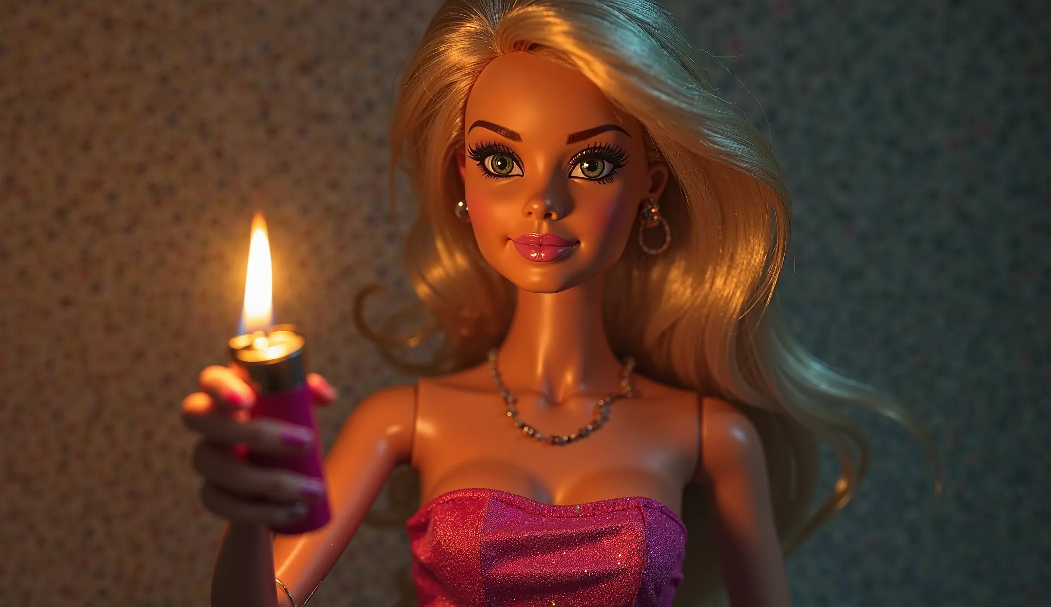 Barbie is holding a lighter while looking at me