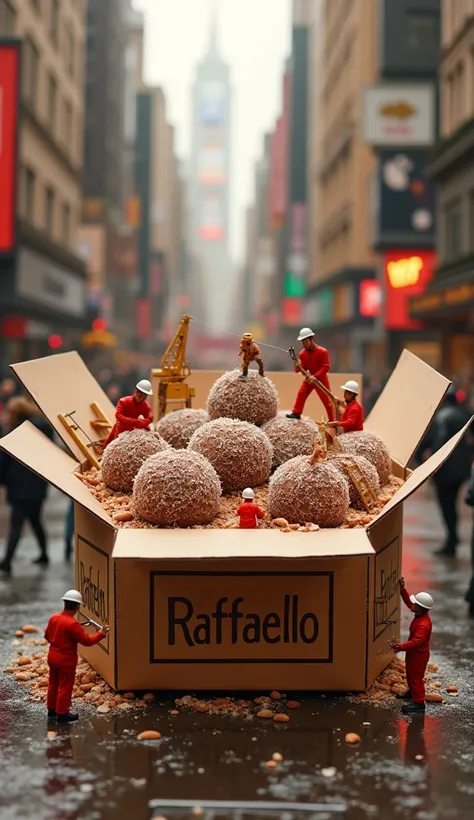 "A massive, oversized box of Raffaello chocolates placed in the center of a bustling city. The box is open, revealing giant, hyper-detailed Raffaello chocolates inside, covered in coconut flakes with a creamy filling and almonds. Tiny miniature workers in ...