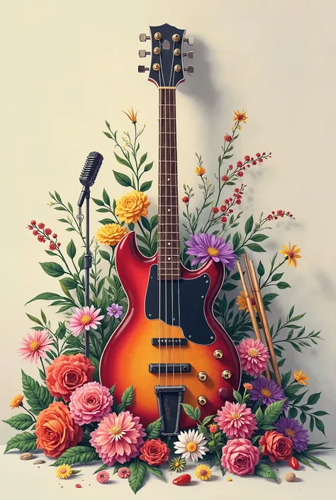 Make me a rock bass with flowers, Drum sticks and a singer's microphone 