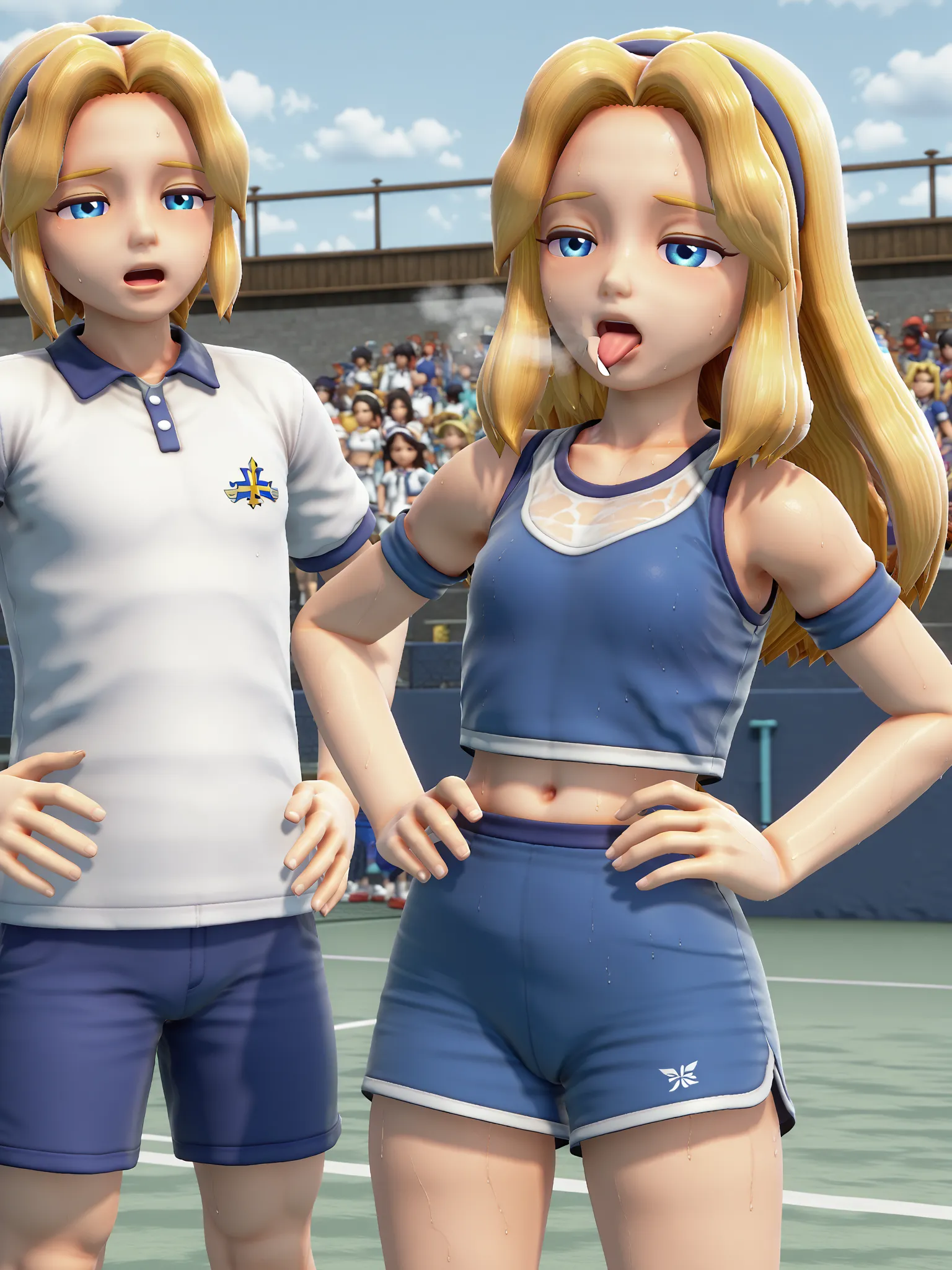 sxsgdbmaria, blonde hair, source_anime, source_anime, score_8_up, GlamorShots_PDXL
tennis, blue sports bra, blue shorts, out of breath, sweaty, hands on hips, open mouth, thicc thighs, thicc body, half closed eyes, tougue out, 3d