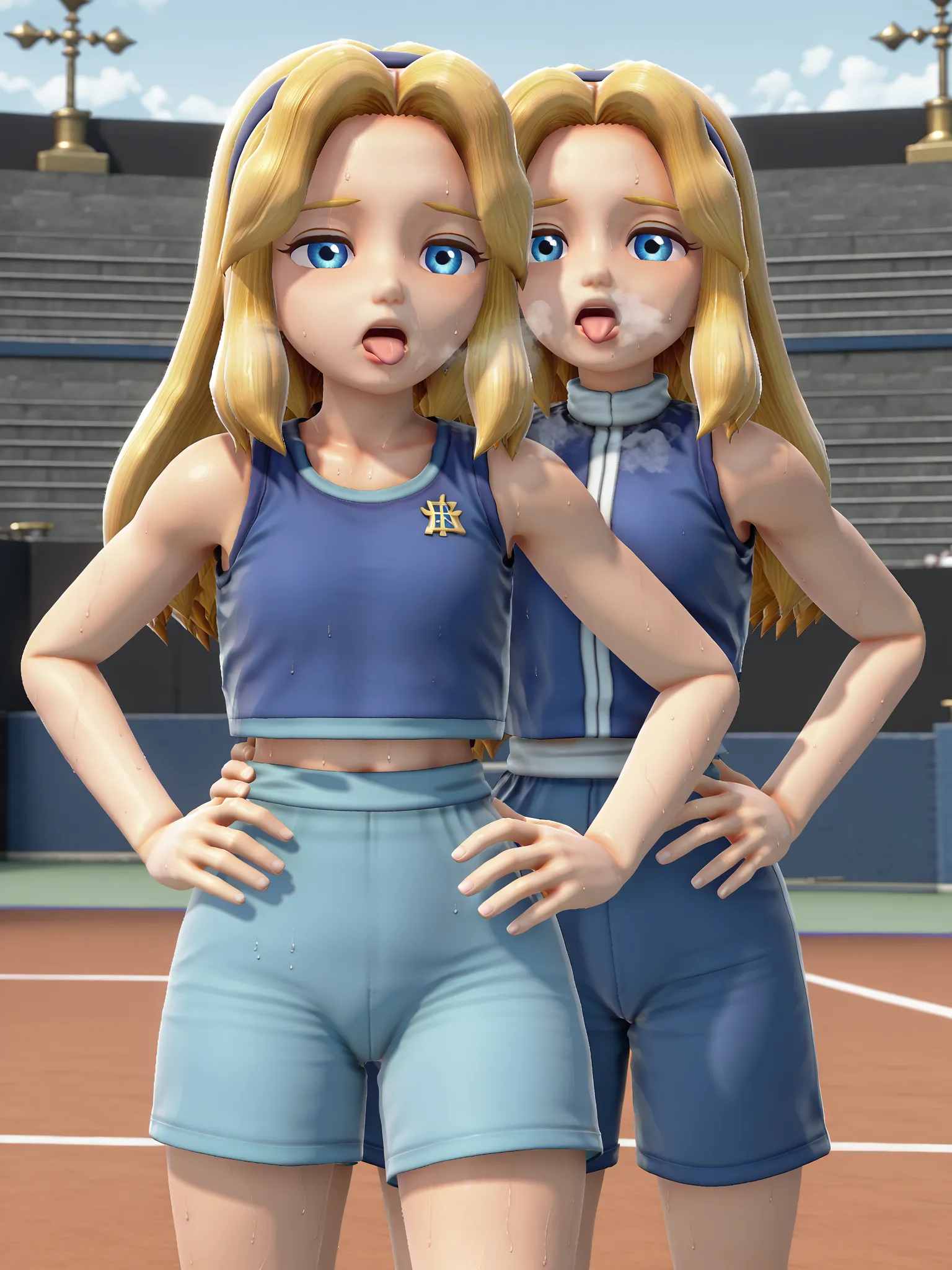 sxsgdbmaria, blonde hair, source_anime, source_anime, score_8_up, GlamorShots_PDXL
tennis, blue sports bra, blue shorts, out of breath, sweaty, hands on hips, open mouth, thicc thighs, thicc body, half closed eyes, tougue out, 3d