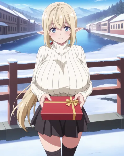 score_9, score_8_up, score_7_up, source_anime, anime coloring, anime screencap, 1 girl, solo, aria (Beheneko), long hair, low ponytail, blonde hair, elf, blue eyes, loving smile, white beautiful skin, gigantic breasts, standing, incoming gift, box, looking...