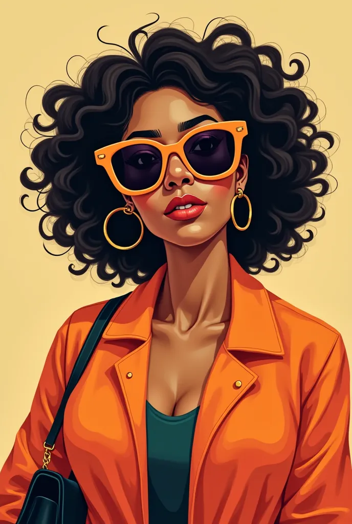 Create me a slightly fat and North African brunette woman with a black handbag and cartoon sunglasses without neckline 