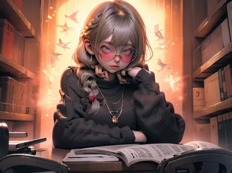  score_9,  score_8_high,  score_7_high, Those_Anime-Series, sonoda chiyoko, brown hair, red eyes, Book,  1 girl, braid, Bookshelf, Blume, glasses, Rock, Plaid, twin braids, sitting,   holding ,   holding  Book, Alone, interiors 