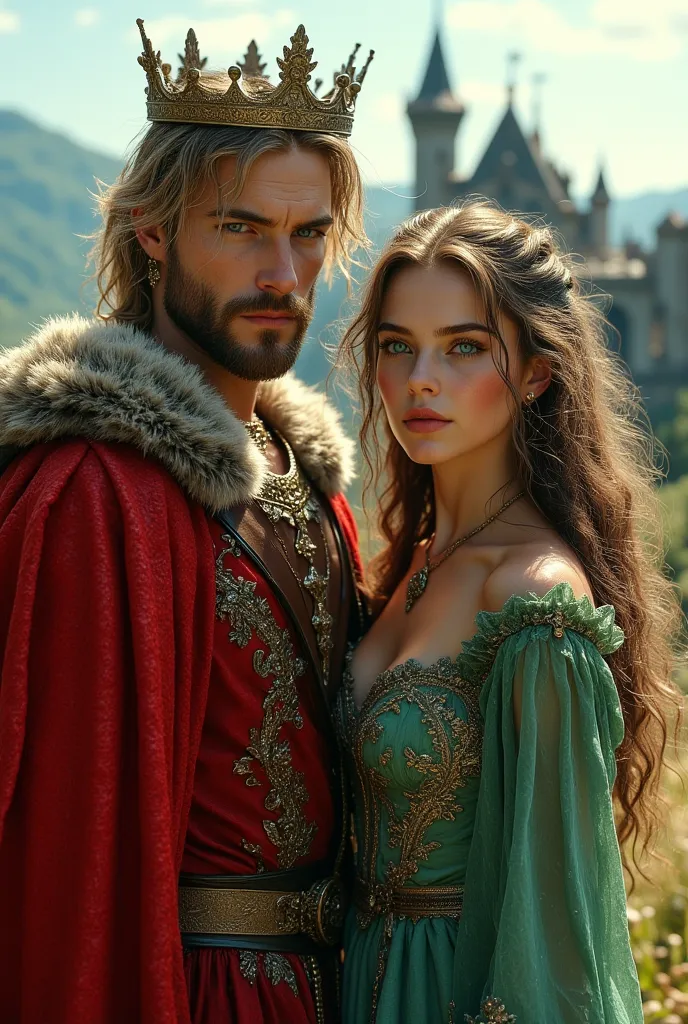 A 30-year-old muscular king, blue eyes, messy mid-length blond hair, little beard, Medieval red king outfit, He has a crown on his head.  next to him, is a 25-year-old woman with pale skin, blue eyes, long wavy and brown hair, wearing a green medieval dres...