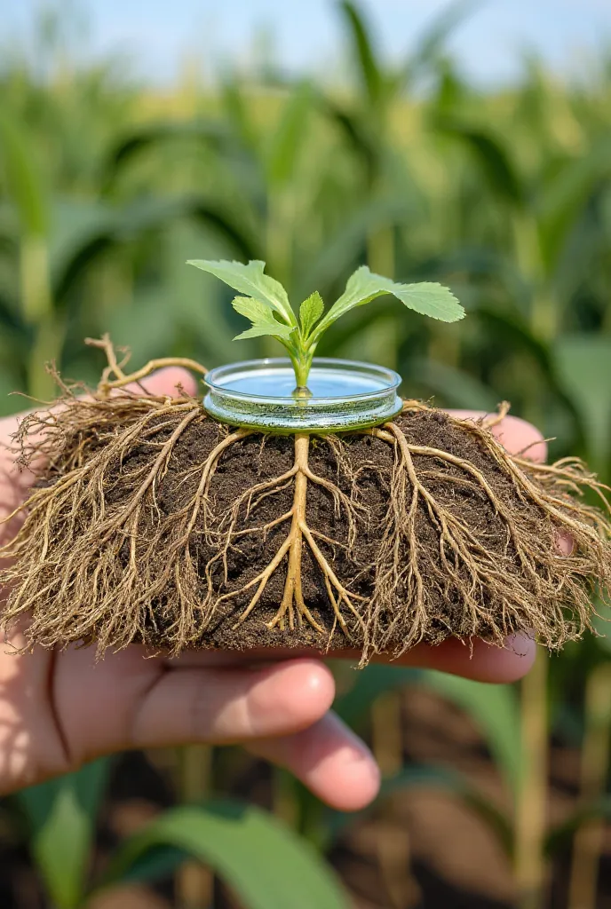 from the image containing the root system of a completely nodulated soybean plant. create a real image of a soybean plant with a completely nodulated root system. next to the root a hand holding a petri dish containing culture medium. In the background of ...