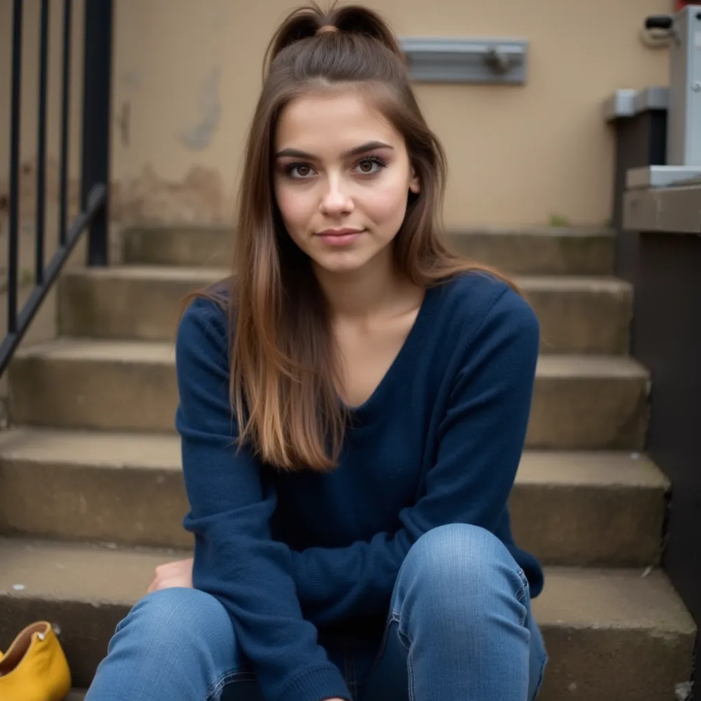 woman sitting on stairs. Has a blue sweater on.  and jeans . The shoes are yellow. In the picture you can see the shoes style photorealistic,  sharp focus, very detailed,  Detail,  full body