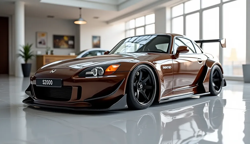 create an ultra-detailed 3D render ( side view, of a modern  ( Honda S2000 with a bold designy  looking long like limousine captured from ( side view. The car should feature a 'Gleamy oily (dark brown) ' color and black accents with a '(Honda logo on its b...