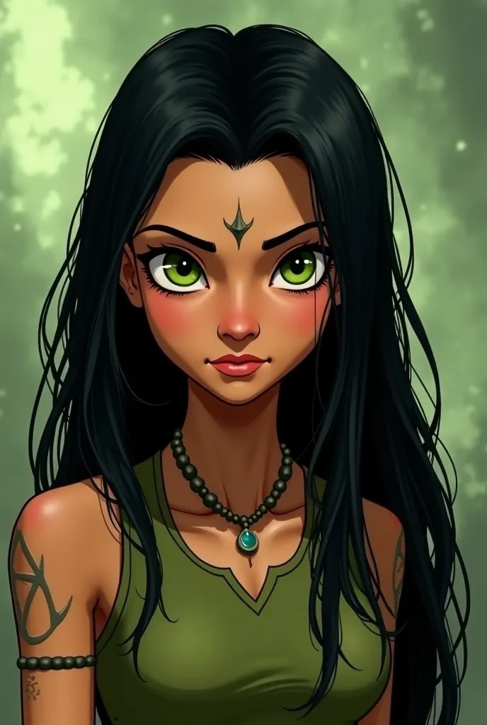 You have a character in the drawing style of avatar the legend of Anng.... She's a  girl from the Earth tribe.....  You have long black hair and green eyes , pale skin and a somewhat threatening look... 