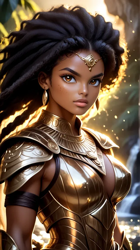 A young, black Brazilian warrior woman of tall, imposing stature, wearing shiny bronze armor that highlights her strong, feminine muscles. Her face is of rare beauty, with elegant features and an expression of determination and strength.
Her skin is a ligh...