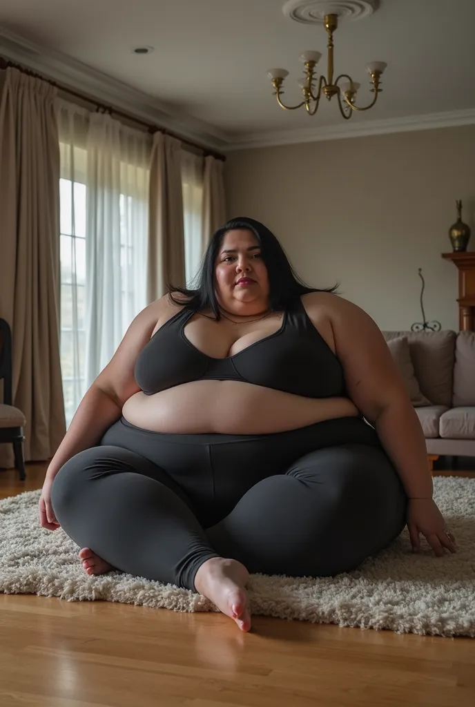 plus size model in tight sportswear, white woman, sleek black hair, pretty face, perfect face, looks like Haifa Wehbe, huge body, lying on the floor, too fat to stand, morbidly obese, weighs 1000 pounds, extremely overweight, very wide hips, widest hips ev...