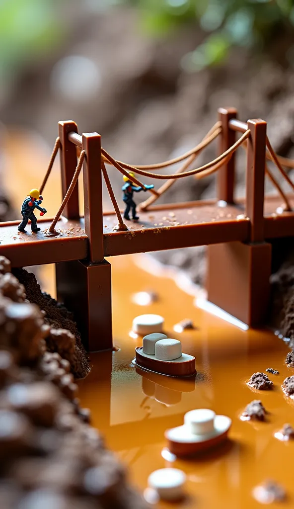 Miniature construction workers build a bridge made from giant chocolate bars, with licorice cables holding the structure. Some workers use tiny torches to melt caramel beams, while others smooth out the surface with spatulas. Underneath, a golden river of ...