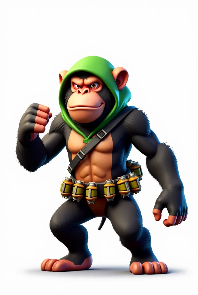 Generate an ape with a green hood and a grenade belt, The white background and that the monkey looks like it comes from Fortnite 