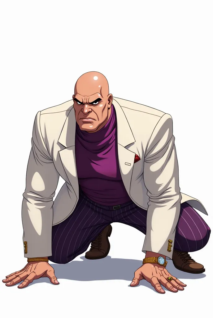 Side view of Marvel comics the kingpin wilson fisk, tall bara male with wide shoulders, muscular with pot belly, bald head with clean shave, white suit with purple stripped trouser,inner purple turtle neck shirt, golden wrist watch and expensive diamond an...