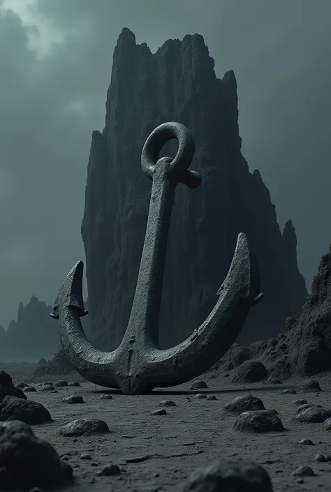 An anchor leaning against a rock in a hostile, dark environment