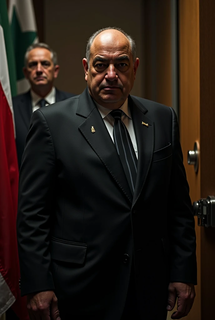 Mr. Nabih Berri wears a black costume and looks like a gangster
