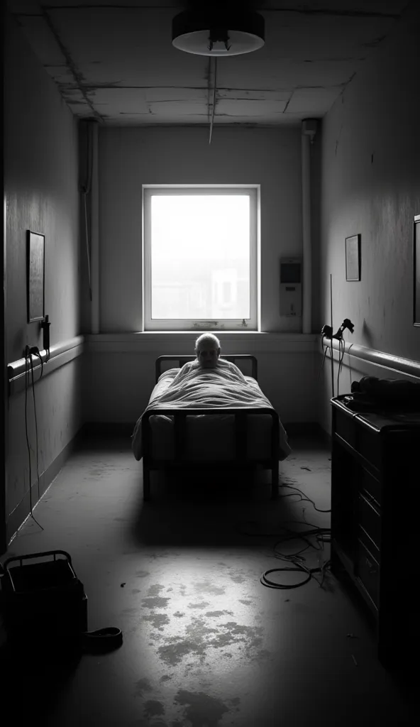 “A black and white security camera screen showing an abandoned hospital room. in the center, an old bed with a middle-aged patient sitting in the dark, with head down. hay un paciente sentado with head down, The room looks deteriorated, with cracked walls ...