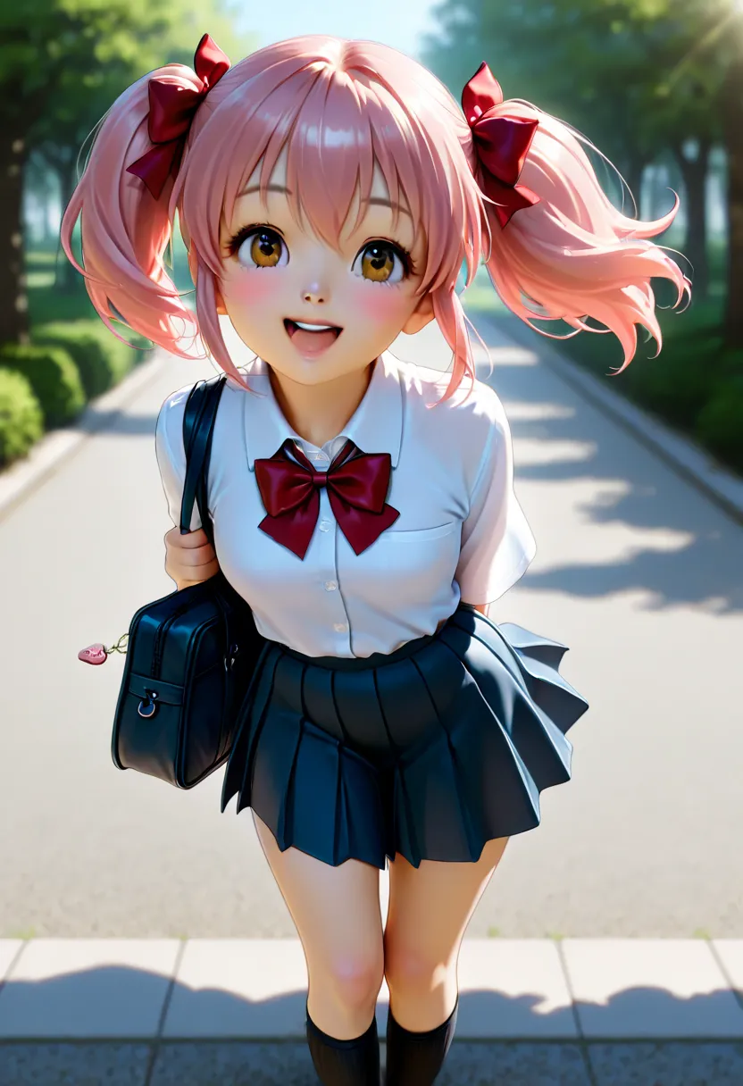  A classic anime heroine with long, flowing strawberry-pink hair tied into twin tails with matching red ribbons. Her big, sparkling golden-brown eyes radiate warmth and excitement, always filled with energy and optimism. She wears a typical school uniform—...