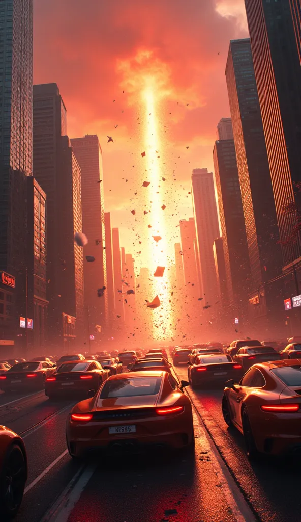 A catastrophic scene of a modern city being destroyed by an invisible shockwave. Cars and buildings are hurled forward at high speed, while the sky takes on a reddish, chaotic hue.