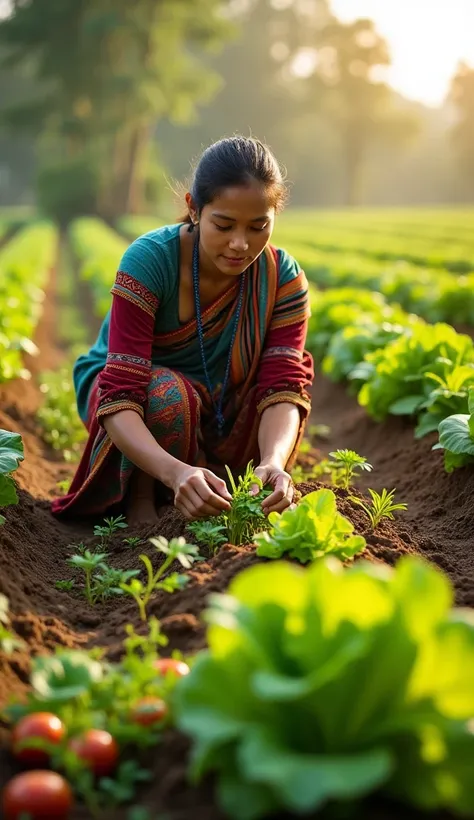 A beautiful 25-year-old Chakma woman, dressed in traditional Chakma attire, planting a variety of colorful vegetables in a lush green farm. She is carefully placing seedlings into the rich brown soil with her hands, surrounded by rows of vibrant vegetables...