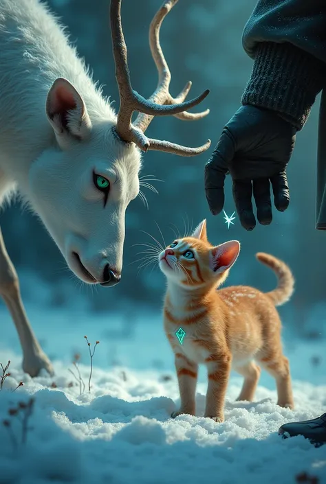 Close-up of the trembling ginger kitten (green eyes, white diamond chest) as a gloved hand (chipped silver ring) reaches down. From the left, a snow-white deer (silver streaks, glowing ice-blue eyes, frosty antlers) steps into frame under moonlight. Hunter...