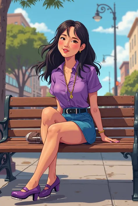 Tip: A very lovely  beautiful Asian American woman being happy alone on a bench in Downtown San Diego in the sun..The illustration is a high definition illustration with 4k resolution., with highly detailed facial features and cartoon style visuals, purple...