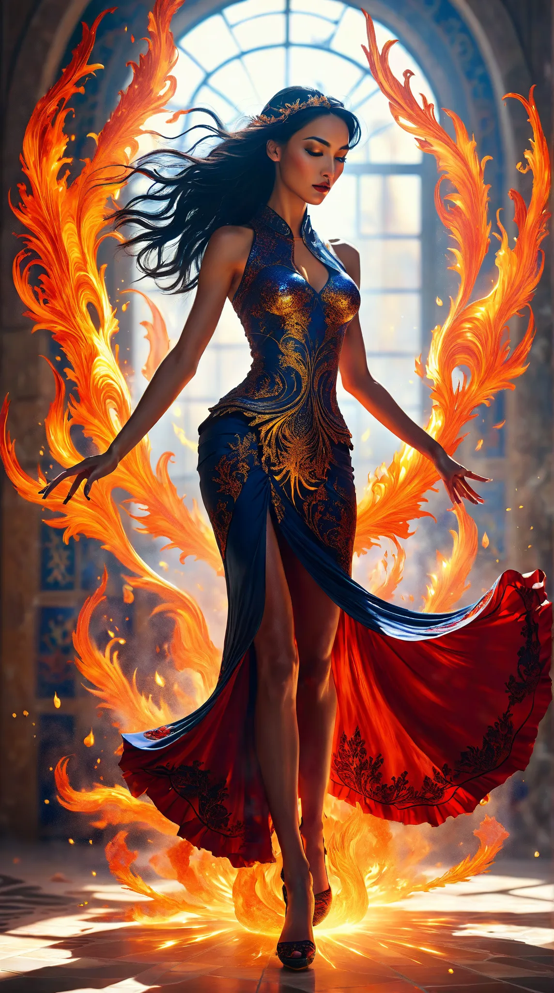 "Award-winning hyper-realistic photography captures a sensual flamenco dancer mid-performance, her waist-length raven hair ablaze with celestial sapphire-gold flames. Her crimson silk dress smolders with fractal fire patterns, its ruffled skirt swirling ar...