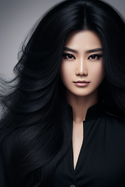 jet black hair,most very long hair,most very lion hair,most very wolf hair,most very frizzy hair,coarse hair,most very spread hairstyle,thick hair,fluffy hair,most very heavy weight hair,hair covering left eye,heavy looking hairstyle,most very voluminous h...