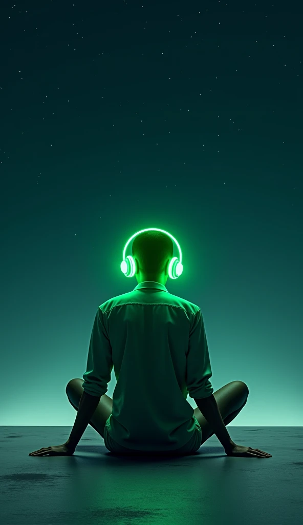 A backwards person sitting on a slab with a green headset on a starry night