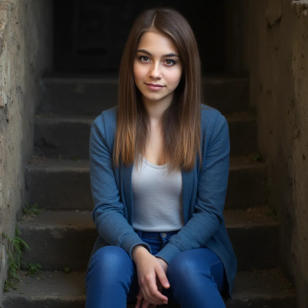 Woman sitting on a staircase. Wearing a blue sweater and jeans. The shoes are yellow. Style photorealistic, sharp focus, very detailed, detail, full body