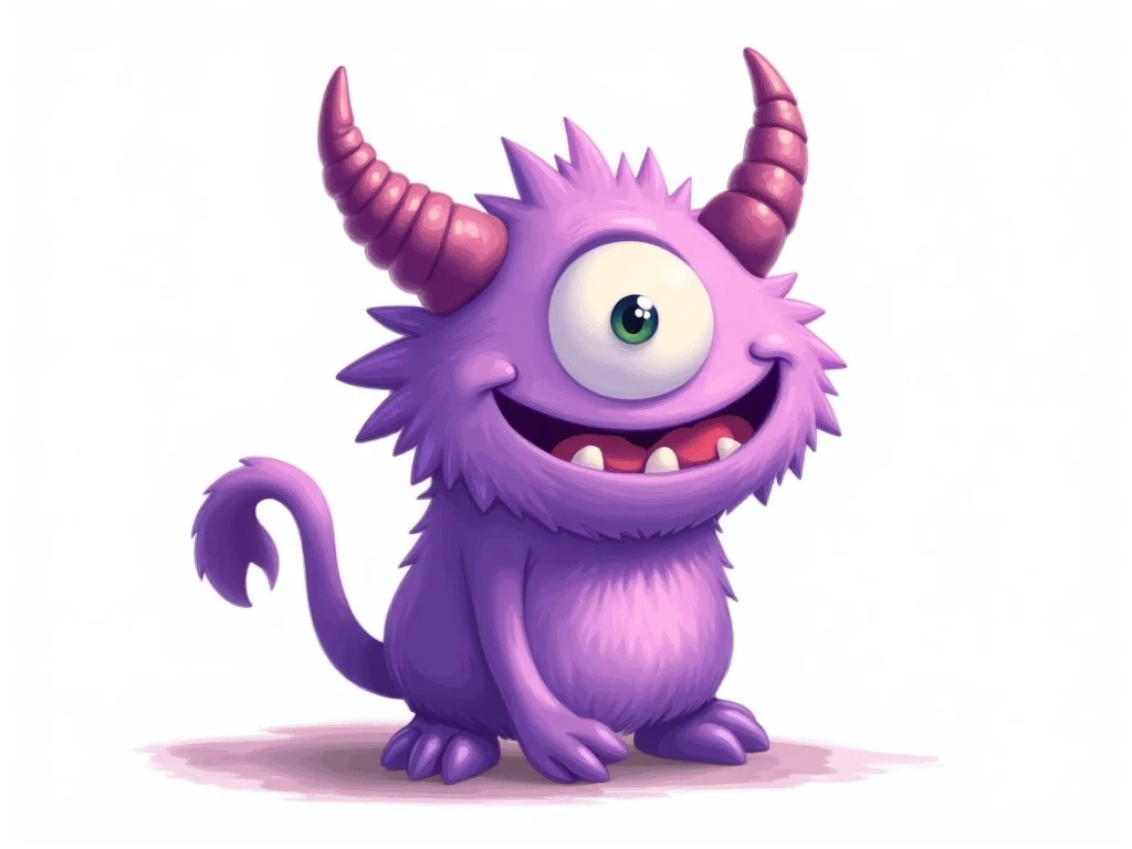 Draw a picture of a character, for the game, 2D character , color, funny, , not scary , for  ren, funny monster,  without arms, without legs , with long horns , purple color, one-eyed, watercolor drawing style,  use bright colors .