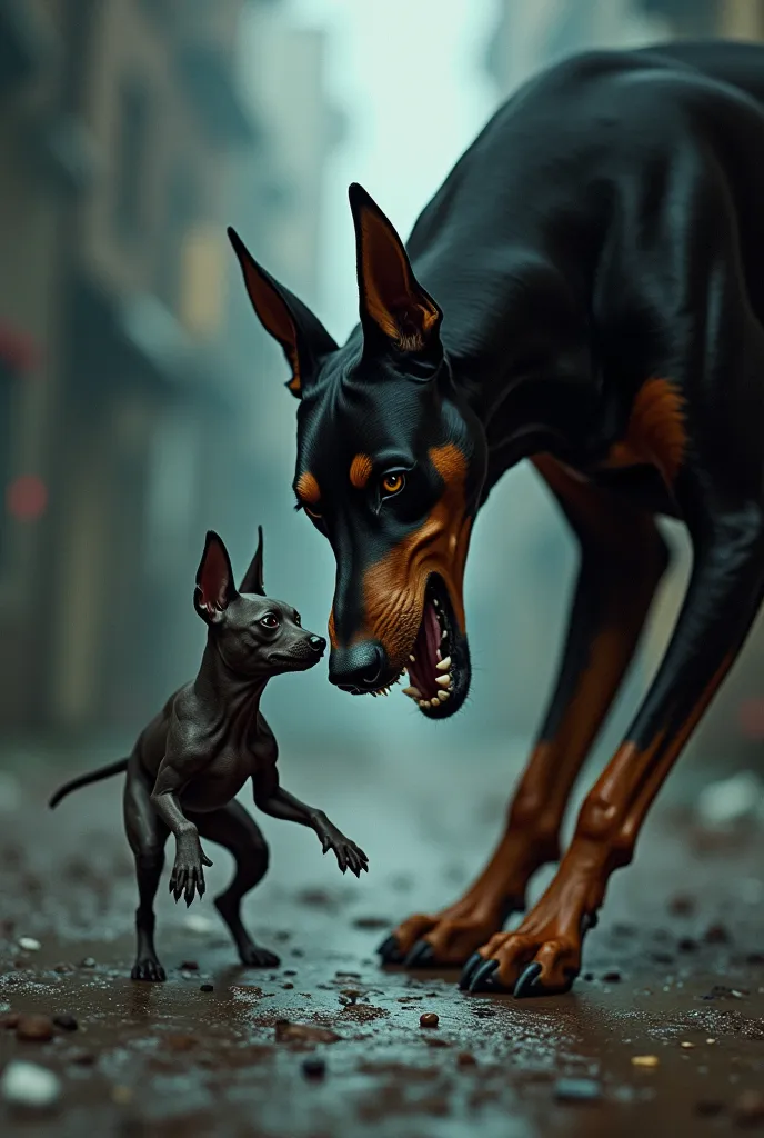 Doberman attacking a smaller Chinese crested ugly dog while the smaller dog is getting hurt