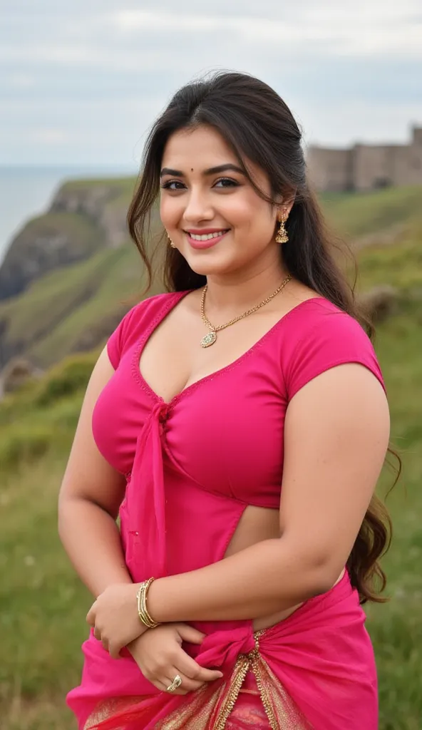 HD wallpaper 32k cinematic shoot of a Beautiful cute Nupur Sanon, curvy plus size, very very big breasts, swooping breasts, pretty chubby women, red lips, jewelry styles, long bun-cut hair, hotpink short-sleeve tie front traditional blouse, Smiling, style ...